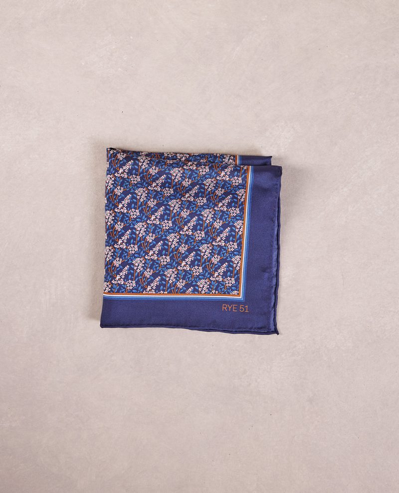 The Ampio Floral Border Silk Pocket Square Navy Orange 01