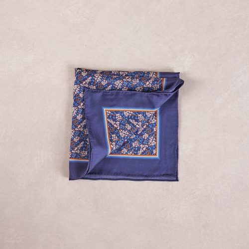 The Ampio Floral Border Silk Pocket Square Navy Orange 02