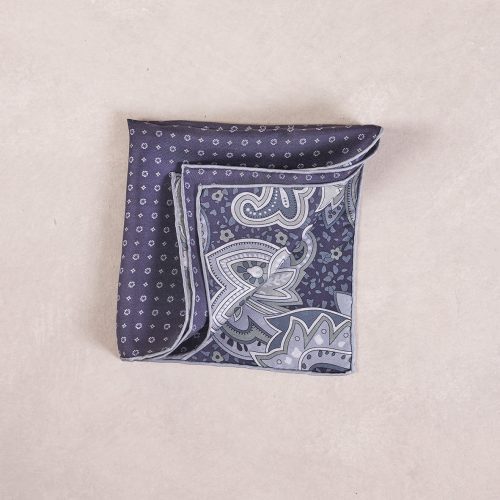 TheAmpio DoubleFacedFloral PaisleySilkPocketSquare Navy Olivine 02