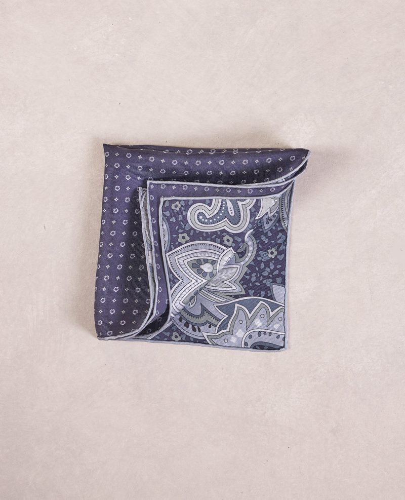 TheAmpio DoubleFacedFloral PaisleySilkPocketSquare Navy Olivine 02