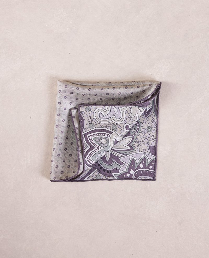 TheAmpio DoubleFacedFloral PaisleySilkPocketSquare Tan Lavender 02