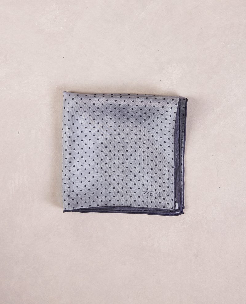 TheAmpio DoubleFacedPolkaDot PaisleySilkPocketSquare Charcoal Grey 01