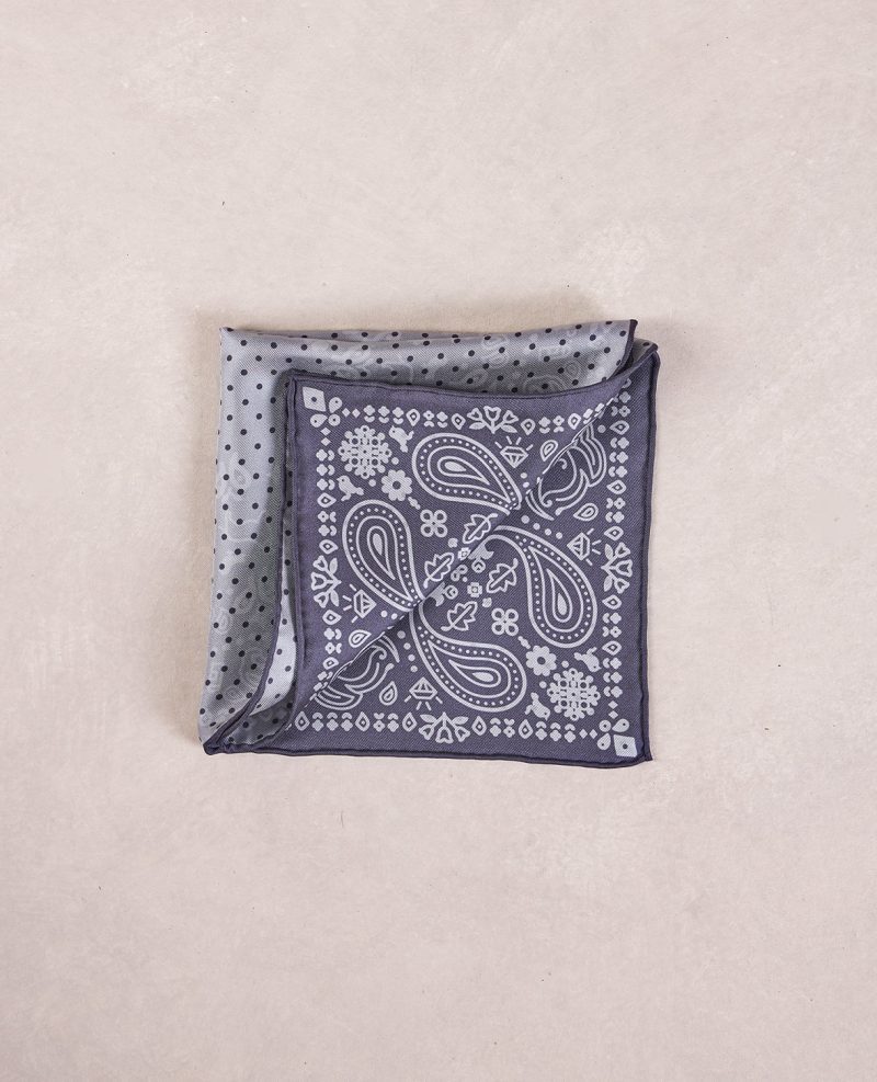 TheAmpio DoubleFacedPolkaDot PaisleySilkPocketSquare Charcoal Grey 02