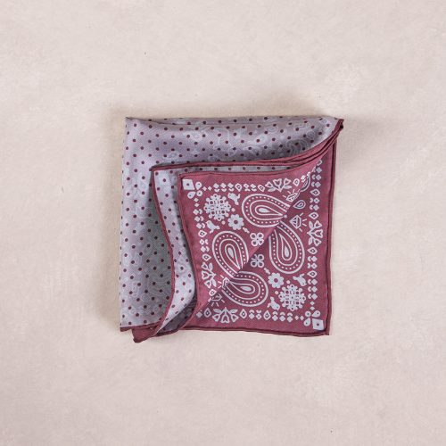 TheAmpio DoubleFacedPolkaDot PaisleySilkPocketSquare Red Grey 02