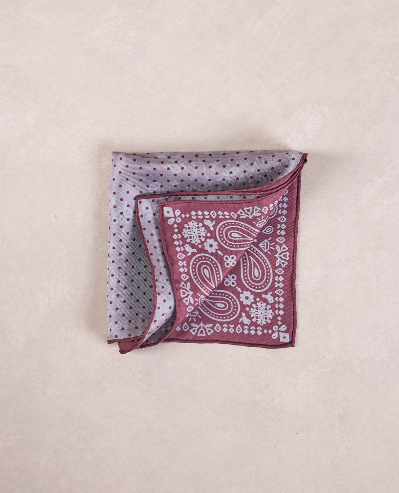 TheAmpio DoubleFacedPolkaDot PaisleySilkPocketSquare Red Grey 02