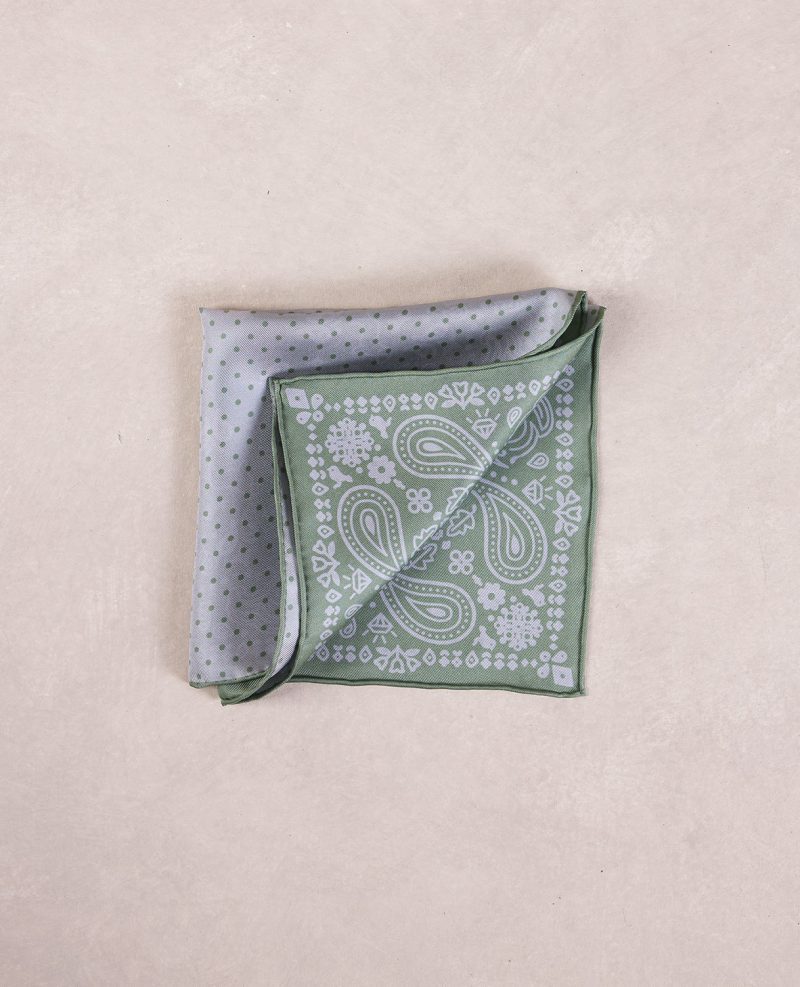 TheAmpio DoubleFacedPolkaDot PaisleySilkPocketSquare Sage Grey 02