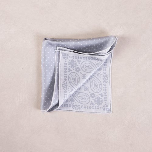 TheAmpio DoubleFacedPolkaDot PaisleySilkPocketSquare White Grey 02