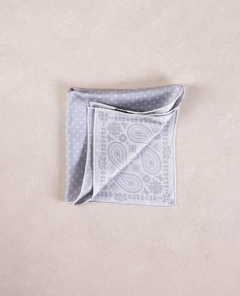 TheAmpio DoubleFacedPolkaDot PaisleySilkPocketSquare White Grey 02