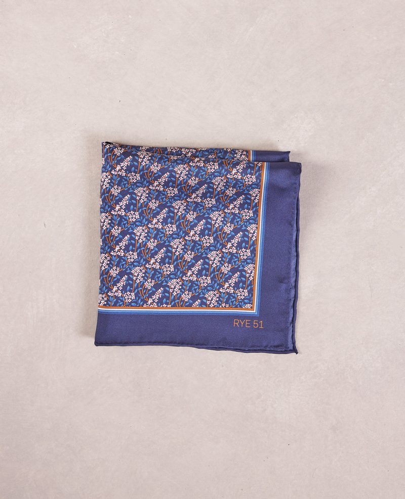 TheAmpio FloralBorderSilkPocketSquare Navy Orange 01