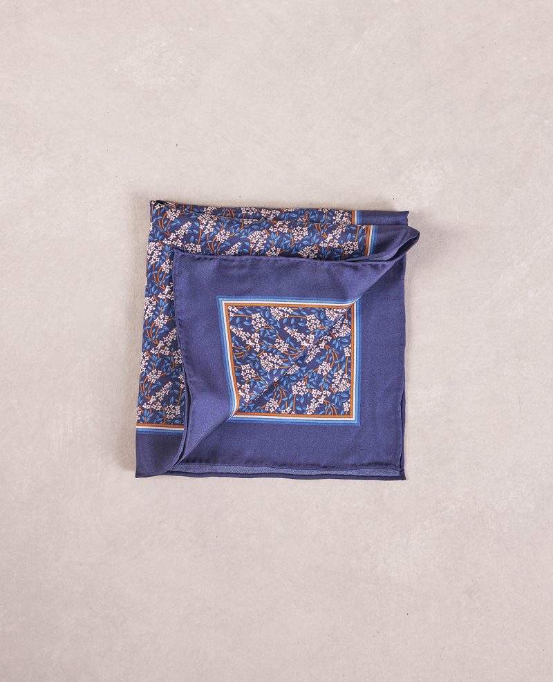 TheAmpio FloralBorderSilkPocketSquare Navy Orange 02