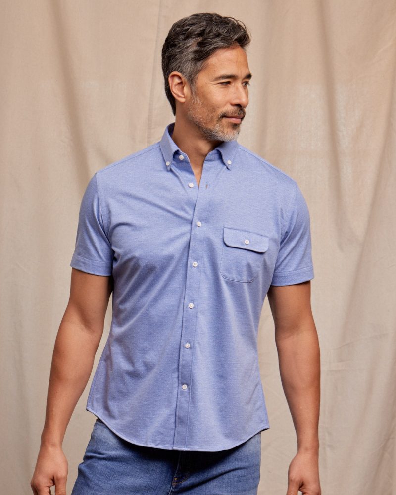 TheDeanBD SSKnitShirt LightBluePrint RYE51 June2024 On model 4402