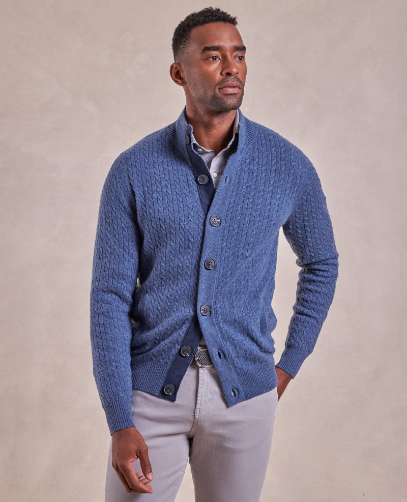 TheEmerson CashmereCableKnitButton UpSweater BlueDust 01